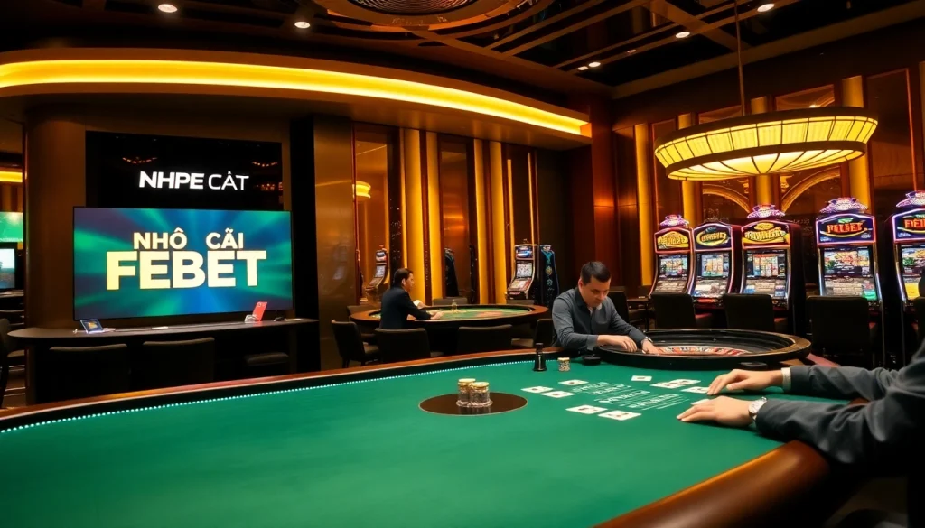 Experience the excitement of NHÀ CÁI FEBET with vibrant casino visuals featuring poker tables and slot machines.