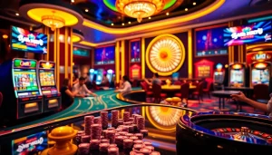 Exciting gambling scene featuring UU88 with casino tables and an array of poker chips.