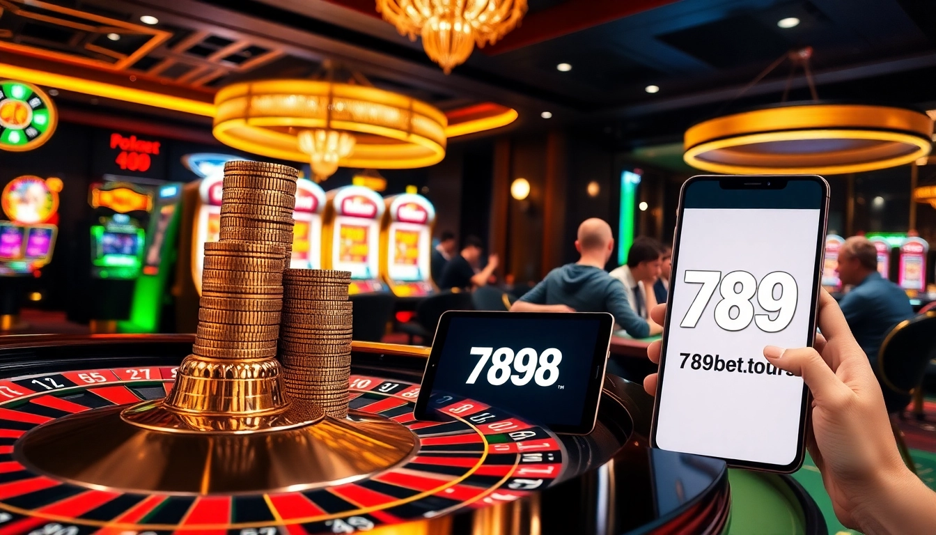 A thrilling casino atmosphere with roulette and poker tables, highlighting 789bet.tours experience.
