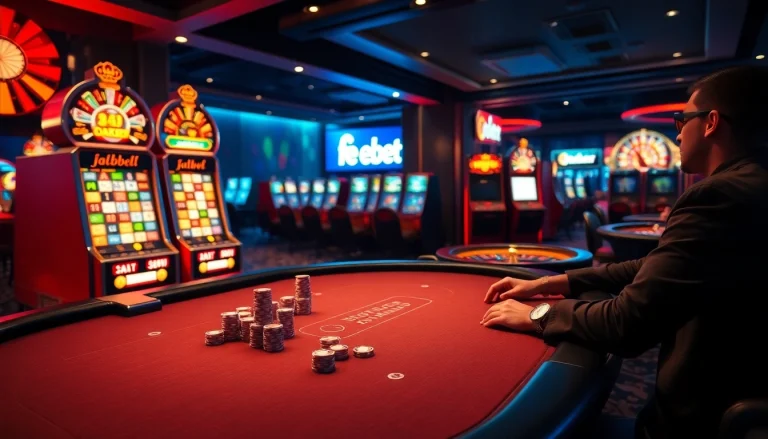 Engage with fe bet at a lavish casino table featuring poker chips, roulette, and slot machines.