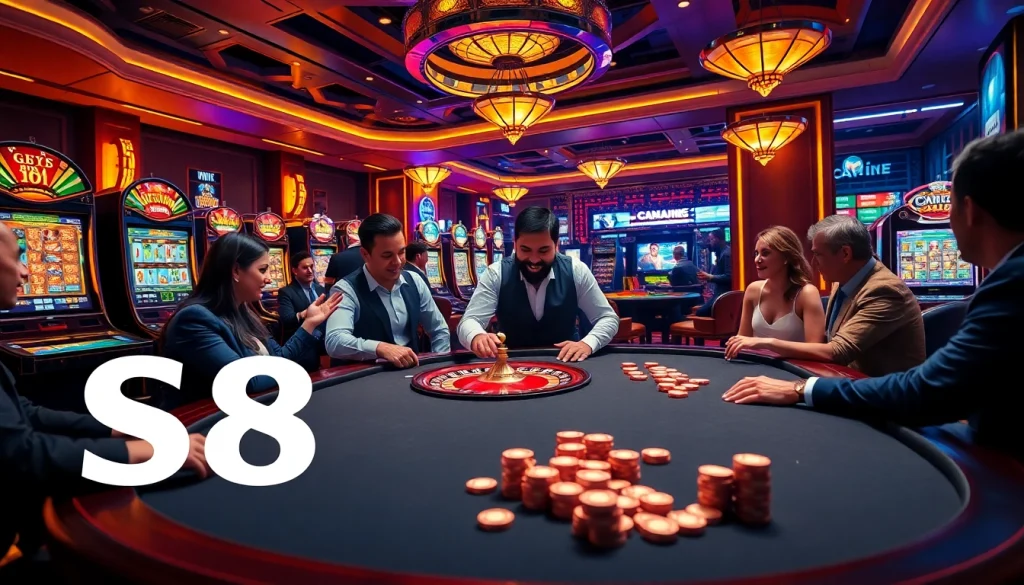 Players engaging in thrilling gambling action at S8 casino, surrounded by vibrant slot machines and poker chips.