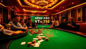 Excited players engaging in a poker game with ĐĂNG KÝ VT88 registration elements in a luxurious casino setting.