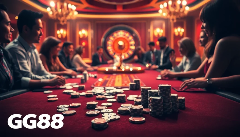 Players strategizing their bets at the GG88 casino table, surrounded by poker chips and cards.