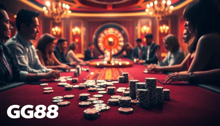 Players strategizing their bets at the GG88 casino table, surrounded by poker chips and cards.