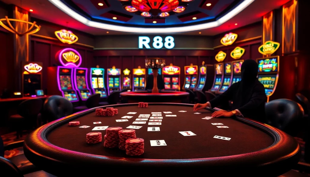 Experience the thrill of RR88 at a luxurious poker table with vibrant cards and chips.