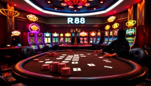 Experience the thrill of RR88 at a luxurious poker table with vibrant cards and chips.