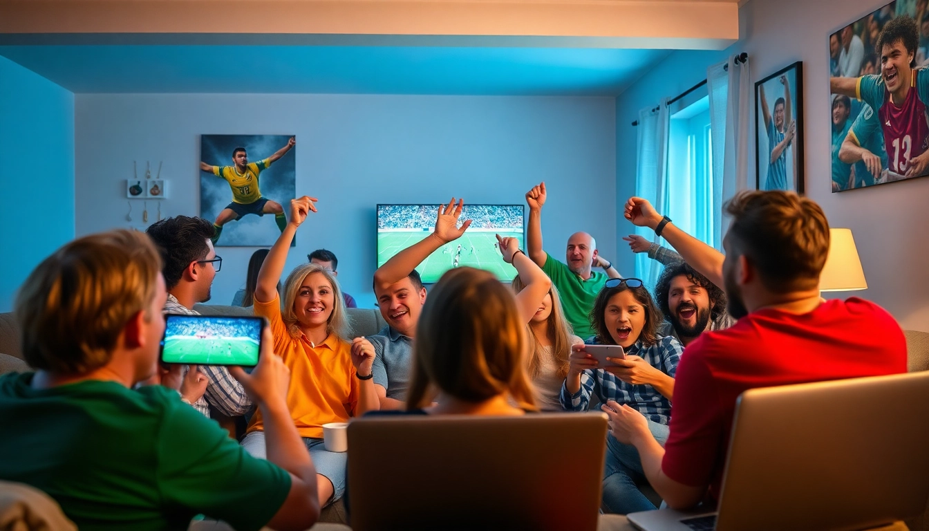 Socolive TV viewers enjoying a live football match online with various devices, showcasing excitement and community.