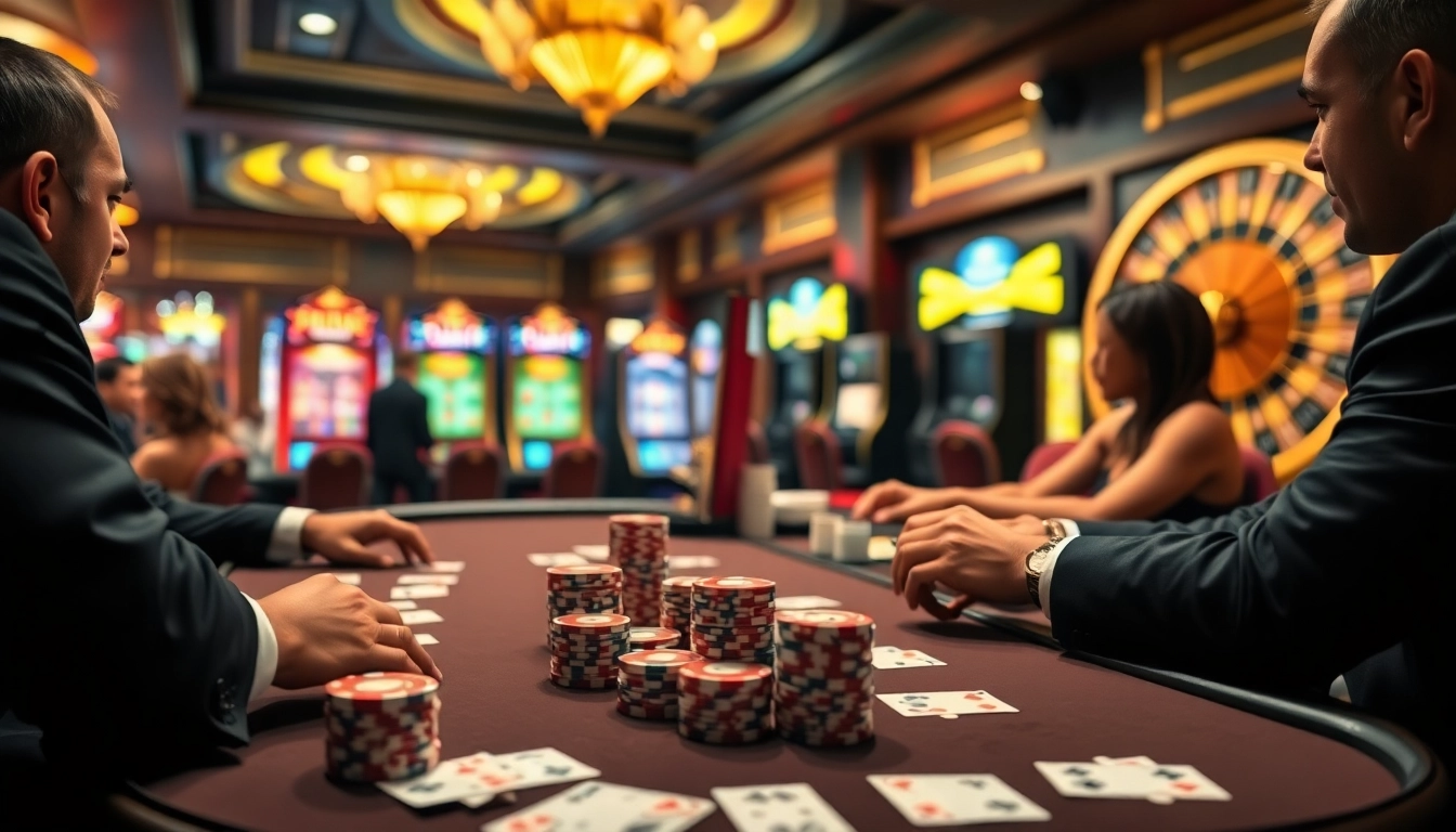 Experience the excitement of gambling at https://www.bdtk1.app/ with a luxurious casino scene featuring poker tables and slot machines.