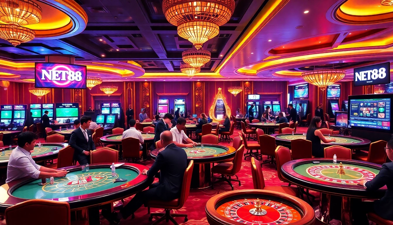 Experience thrilling gameplay at NET88 with a sophisticated casino atmosphere featuring poker tables and vibrant betting interfaces.