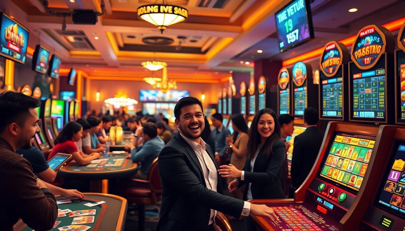 Experience the excitement of online gaming at https://qq88.education/, featuring engaged players in a vibrant casino setting.
