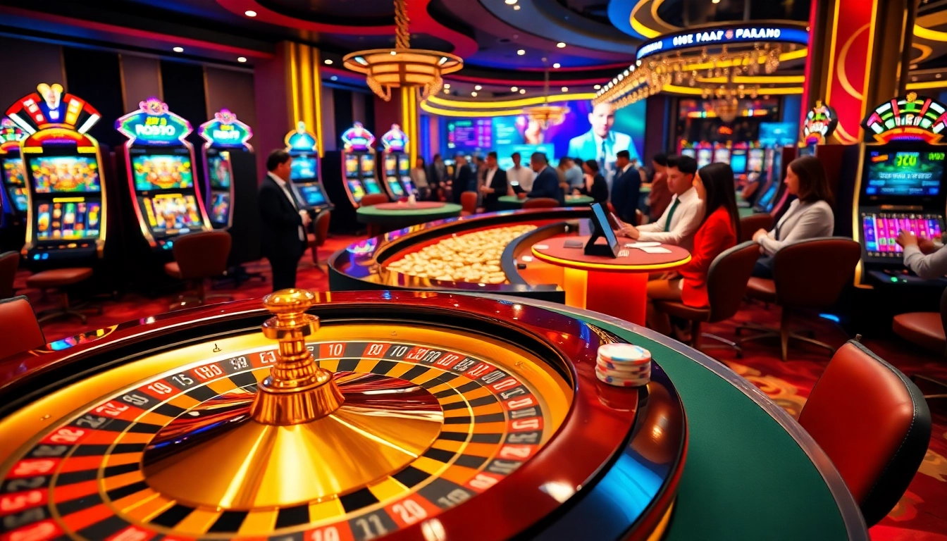 Casino players celebrating big wins at nohu90 with colorful chips and lively games.