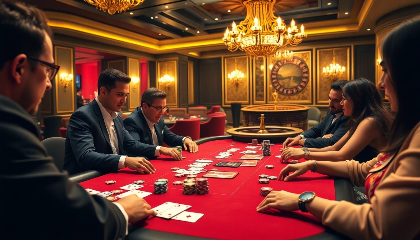 Players strategize at a high-stakes poker table in a luxury casino, featuring DA88 branding prominently displayed.