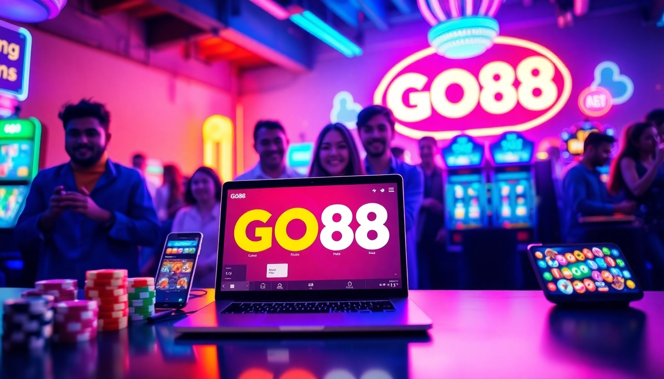 Exciting gaming scene featuring GO88 platform with players enjoying vibrant games and sleek devices.