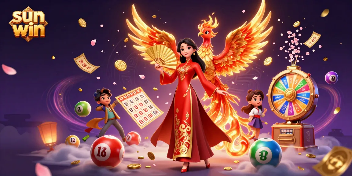 Experience thrilling wins with sun win featuring a graceful woman and fiery phoenix amidst casino excitement.