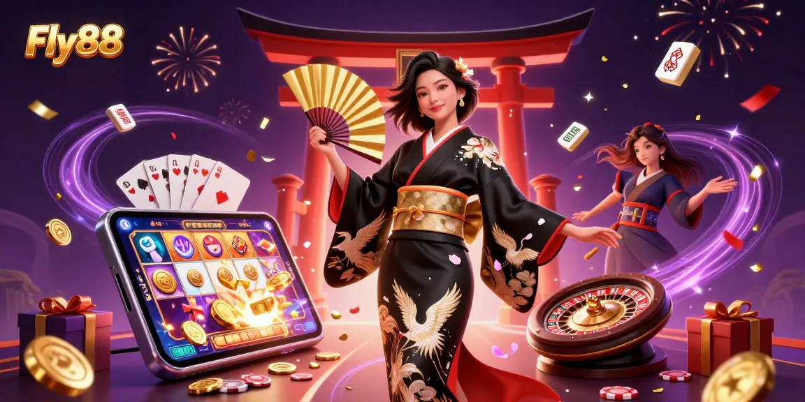 Engage with dynamic Fly88 gaming elements in a festive casino illustration.