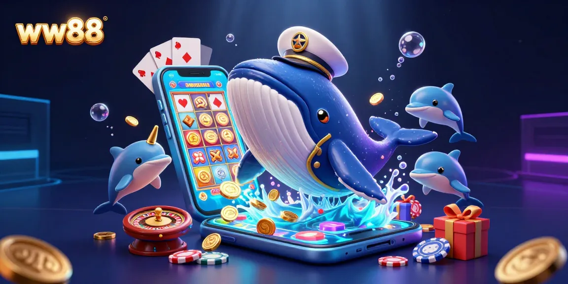 Experience exciting gambling with the playful ww88 whale and narwhal in a vibrant casino scene.