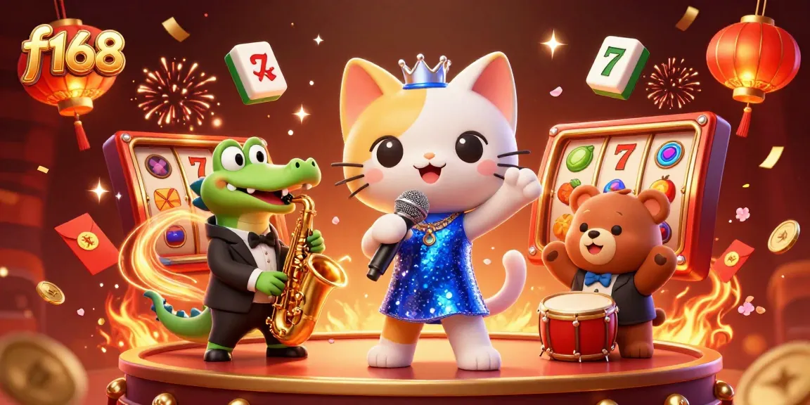 Watch the f168-themed casino revelry with smiling characters and vibrant slot reels igniting excitement.