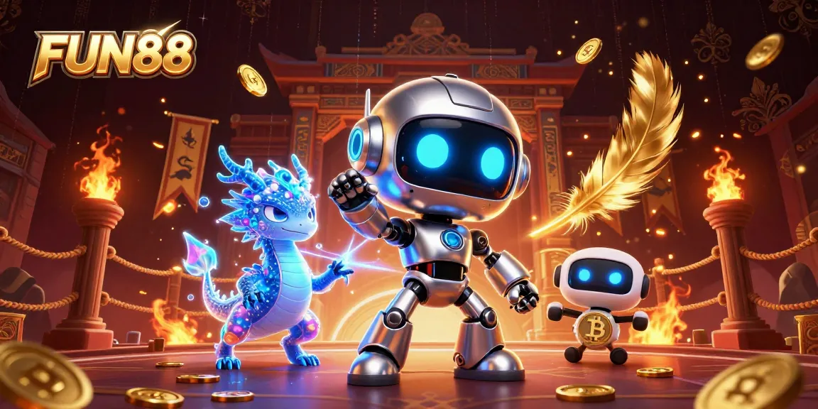Experience thrilling wins at FUN88 with a dynamic robot, dragon, and bitcoin drone in a vibrant casino scene.