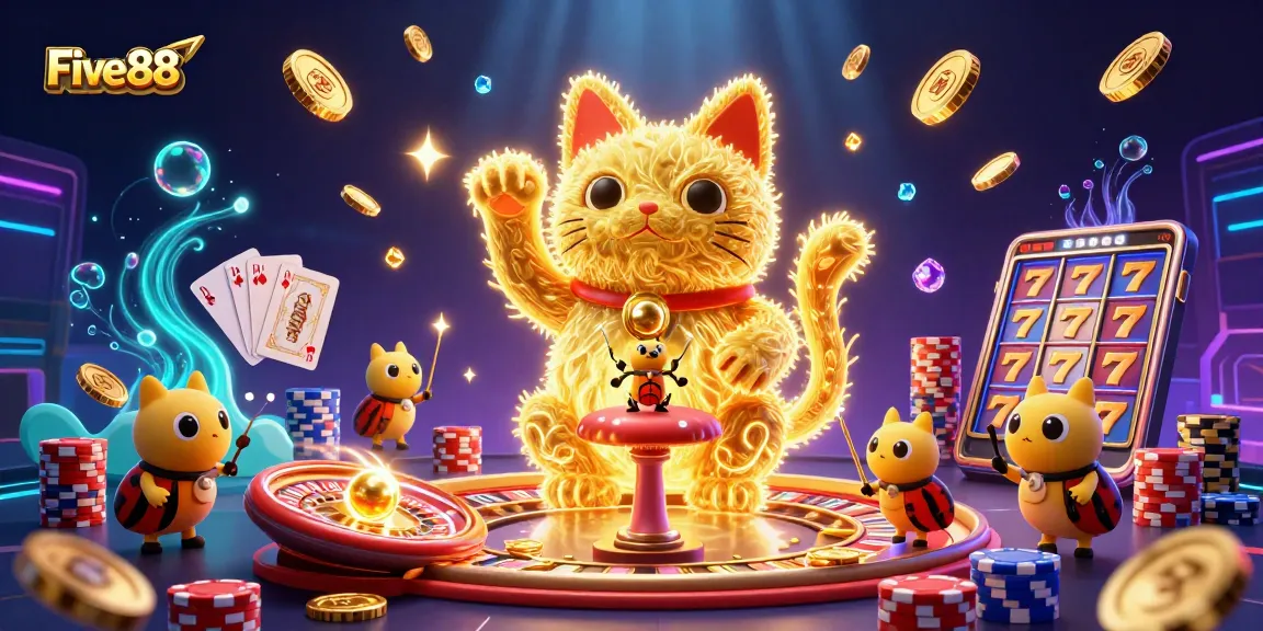 Engage with Five 88's vibrant casino world featuring golden symbols and lucky cats.