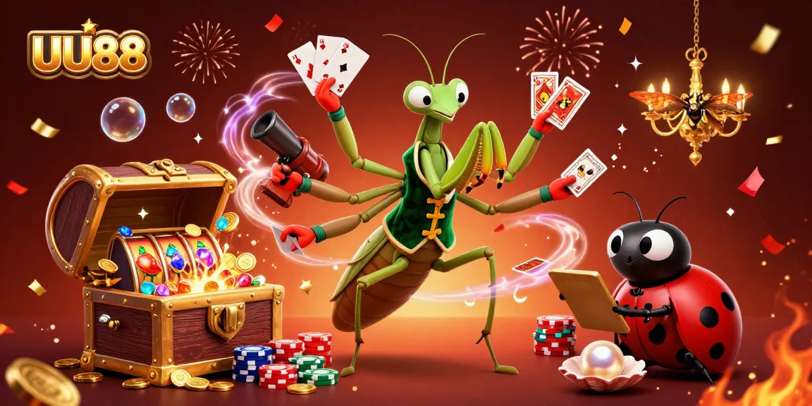 Engage in thrilling slots action at UU88 with a vibrant casino scene featuring a mantis card sharp and festive elements.
