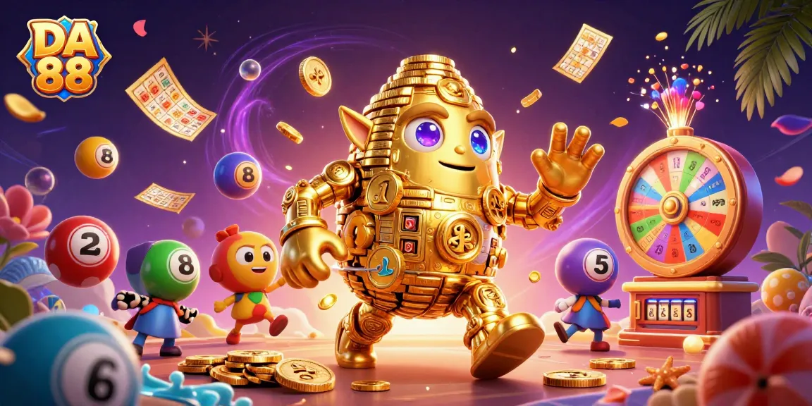 Engage with DA 88 and witness a vibrant casino scene featuring a golden golem amidst dynamic lottery elements.