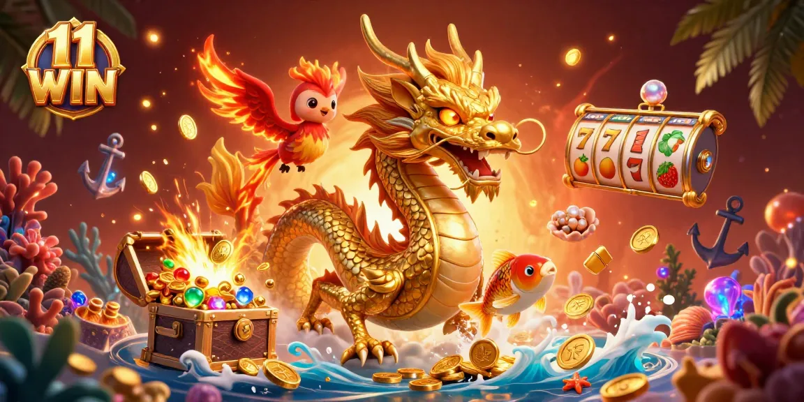 Engage in thrilling gaming experiences at 11 WIN with a vibrant scene featuring a dragon, phoenix, and coins.