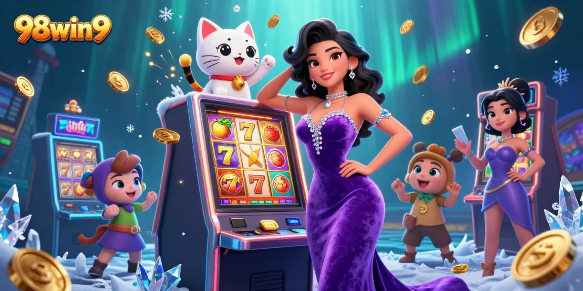 Experience the excitement of 98win9 with a glamorous illustration of jackpot wins and casino elements.