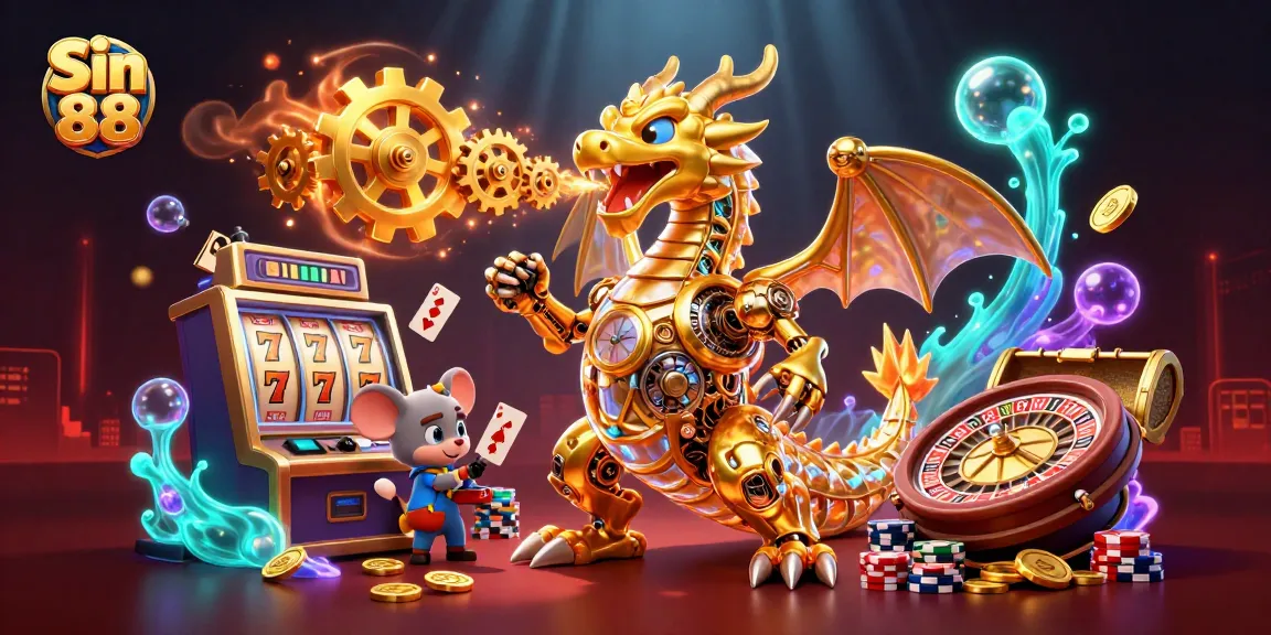 Engage with Sin 88’s dynamic world of slots, cards, and roulette in a vibrant 3D casino illustration.