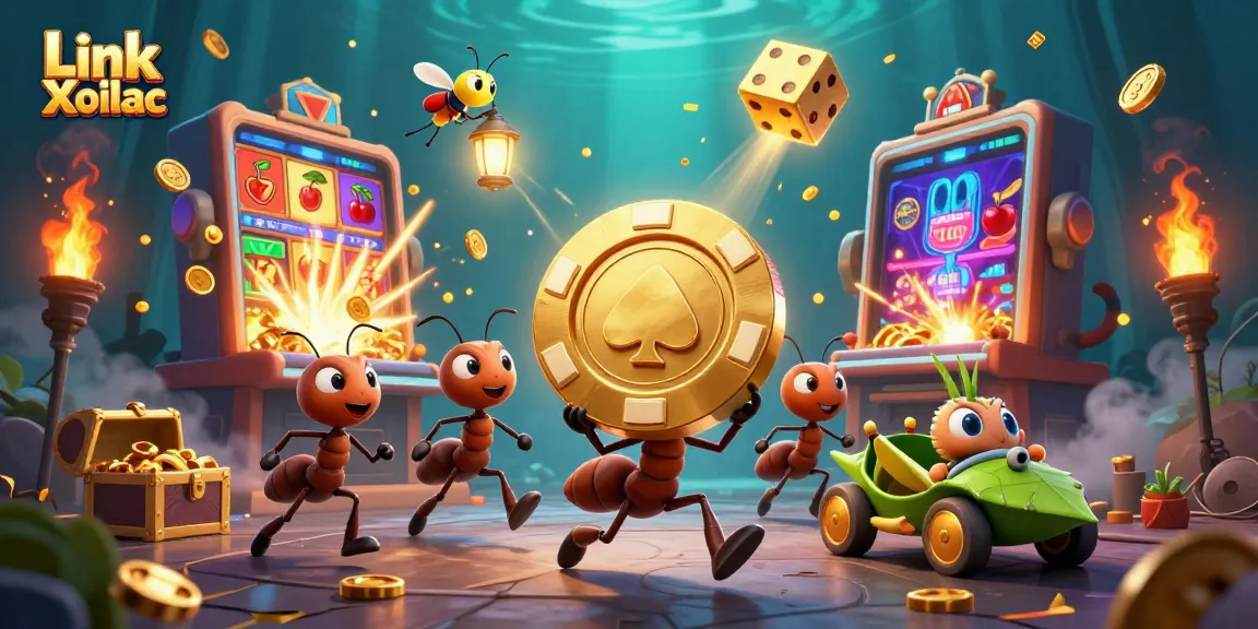 Experience gaming with Link Xoilac featuring ants on a heist in a vibrant casino scene.