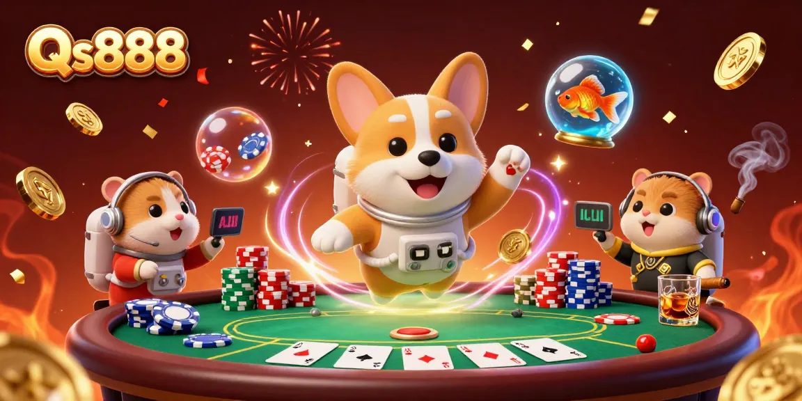 Engage with Qs888 in a vibrant casino scene featuring floating poker chips and an astronaut corgi.