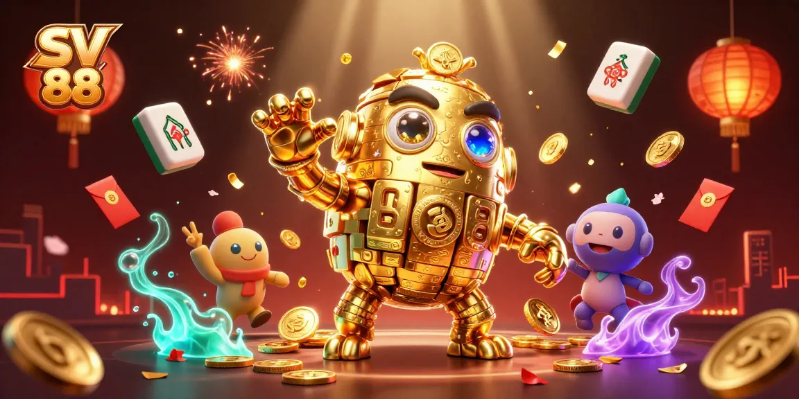 Experience the thrill of SV 88's casino, featuring animated gold golem surrounded by vibrant game symbols.
