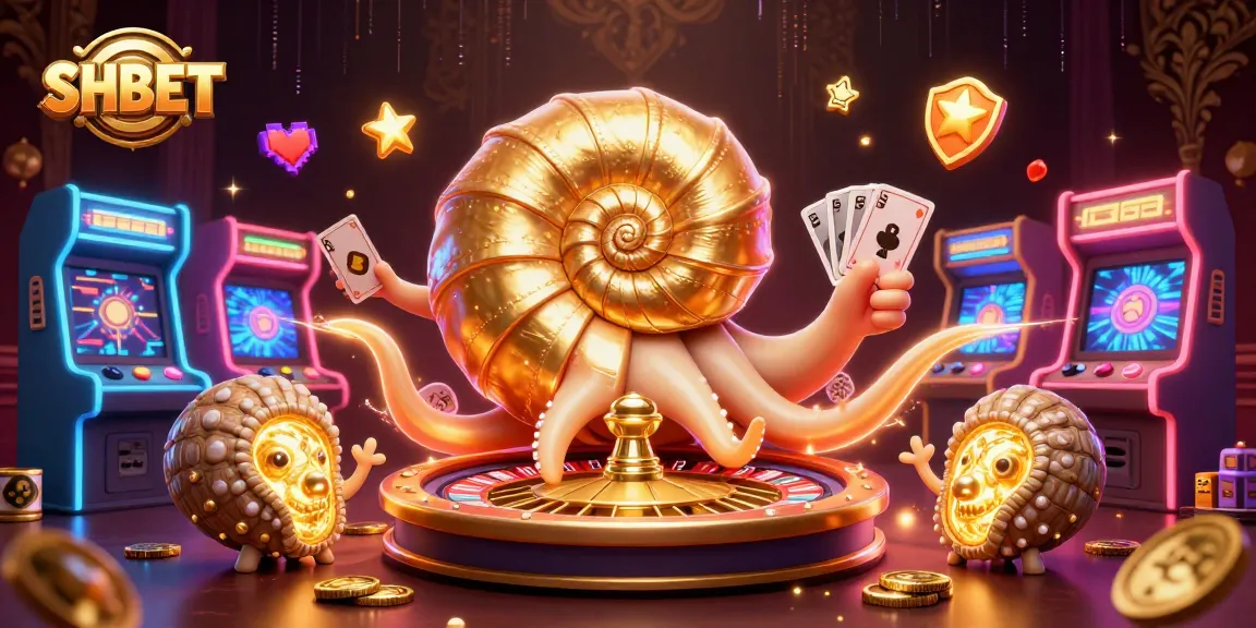 SHBET showcases a vibrant 3D casino scene with a giant nautilus roulette wheel and glowing companions.