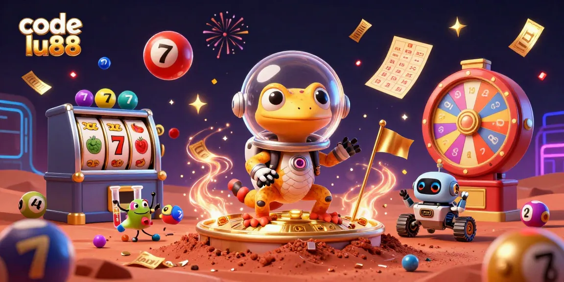 Experience the excitement of slots at code lu88 with Martian-themed illustrations and vibrant casino game elements.