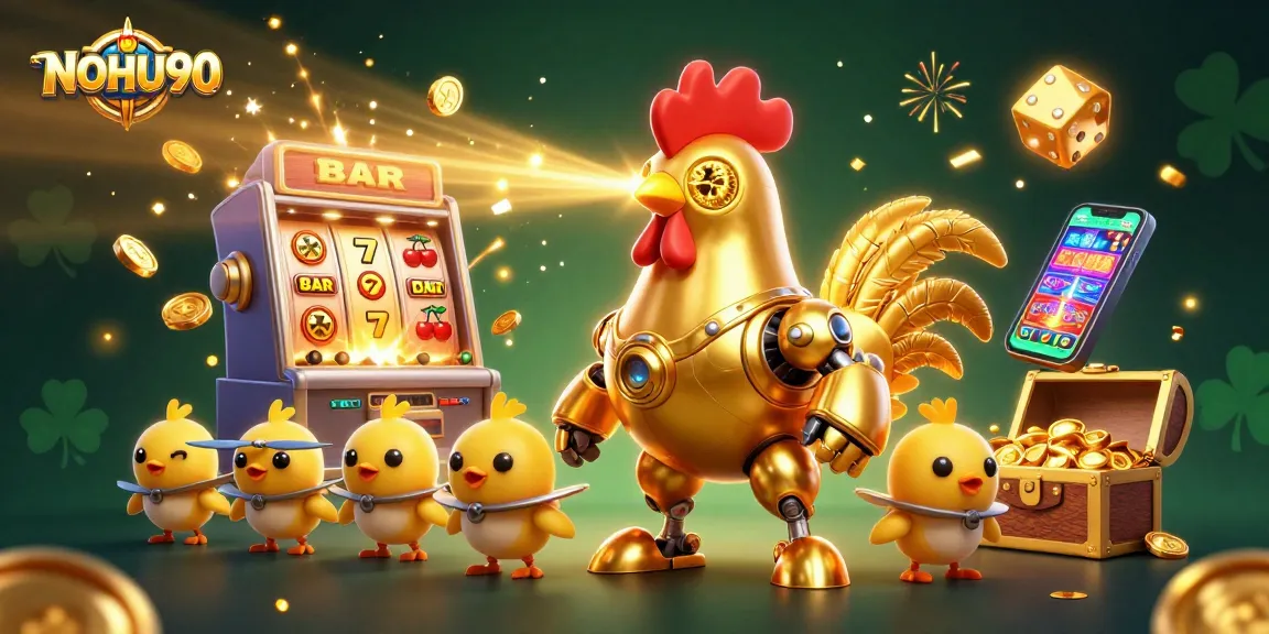 Experience thrilling wins at NOHU90 with a mesmerizing 3D casino illustration featuring dynamic characters and vibrant slot games.